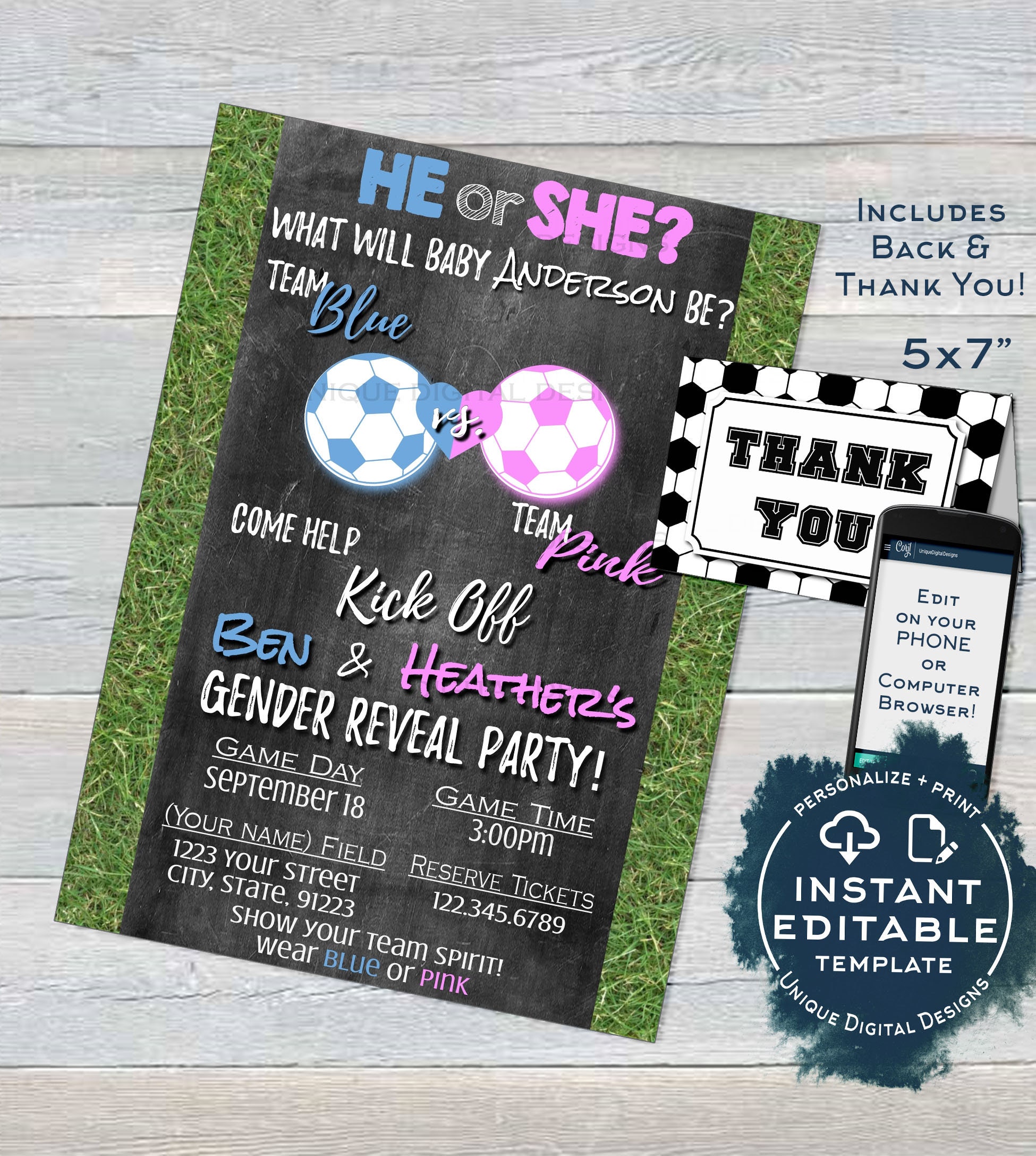 Soccer Gender Reveal Invitation, Editable Baby Shower Invite Team He Vs She  Reveal Chalkboard Template Custom Printable INSTANT ACCESS 5x7 -   Singapore