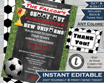 Soccer Team Fundraiser FLYER Shoot Out Tournament Soccer Goal Charity Invitation 3 on3 Custom Printable Template INSTANT EDITABLE 8.5x11 5x7