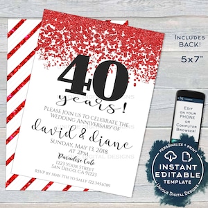 40 year Anniversary Invitation, Editable 40th Wedding Anniversary Ruby 40th Surprise Party Invite Custom Printable Template INSTANT ACCESS
