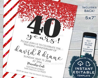 40 year Anniversary Invitation, Editable 40th Wedding Anniversary Ruby 40th Surprise Party Invite Custom Printable Template INSTANT ACCESS