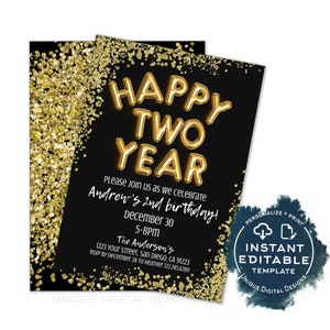 Happy Two Year Birthday Invitation, Editable 2021 New Years Eve Party, 2nd Birthday Party, Glitter Printable Template INSTANT ACCESS 5x7