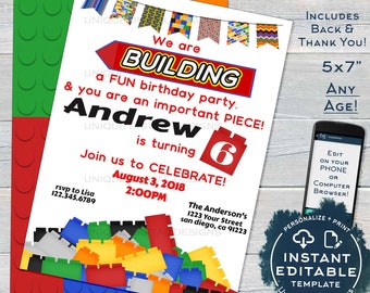 Block Party Invitation, Editable Boys Block Building Birthday Invite, Important Party Piece, ANY Age, Custom Printable INSTANT ACCESS 5x7