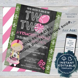 May include: A printable invitation for a girl's second birthday party. The invitation features a chalkboard background with the text "Two Twos & Touchdowns!" and a football and cheerleading pom-pom. The invitation is decorated with a green and white football field border. The invitation is available as an instant download and can be edited digitally.