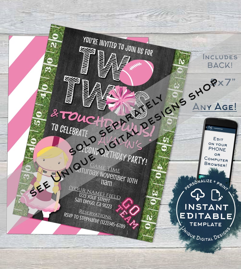 May include: A printable invitation for a girl's second birthday party. The invitation features a chalkboard background with the text "Two Twos & Touchdowns!" and a football and cheerleading pom-pom. The invitation is decorated with a green and white football field border. The invitation is available as an instant download and can be edited digitally.