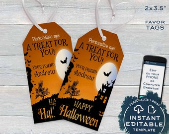 Editable Birthday Halloween Favor Tags, Personalized Halloween Tags Trick or Treat Thank You Printable Adult Gift Tags Spooky INSTANT ACCESS