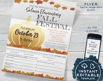 Fall Festival FLYER, Editable Fall Harvest Invitation Printable pta Invite with Tear Off Slip for Parents, Pto Church School INSTANT ACCESS