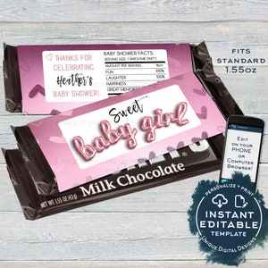 Personalized Girl Baby Shower Candy Bar Wrapper, Editable Baby Girl Chocolate Bar, Pink Baby Shower Custom Printable INSTANT ACCESS 1.55oz