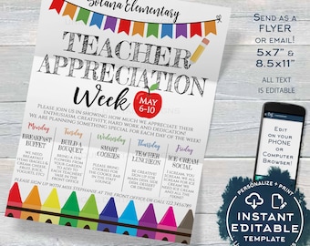 Teacher Appreciation Week Invitation, Editable School Staff Appreciation Week Schedule of Events Invite, PTA Flyer Printable INSTANT ACCESS