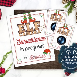 Kit de vigilancia de elfos editable, señal de "Esta casa está bajo vigilancia de elfos", accesorios de elfos navideños personalizados, imprimibles de cámara ACCESO INSTANTÁNEO