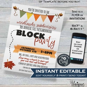 Neighborhood Block Party Invite, Editable Street Party Printable Invitation Neighborhood BBQ Picnic Fall Party, INSTANT ACCESS 5x7 + Flyer