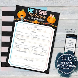 Bewerkbare Gender Reveal Prediction Card, gepersonaliseerde kleine pompoen babyshowerspellen, afdrukbaar speelbord leeg, diy aangepaste INSTANT ACCESS