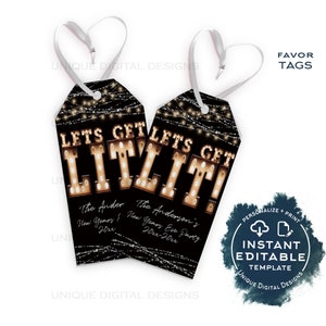 Editable Let's Get Lit New Years Eve Party Invitation, Lets Get Drunk Holiday Party Celebrate Marquee Lights, Printable Adult INSTANT ACCESS FAVOR TAGS