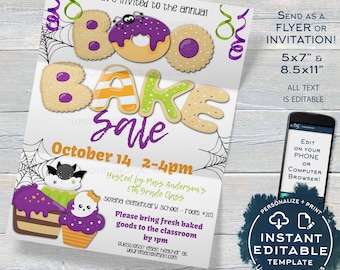 Boo Bake Sale Flyer Template, Editable Halloween Invitation, PTA Printable Holiday Cookie Fundraiser, pto Church School INSTANT ACCESS