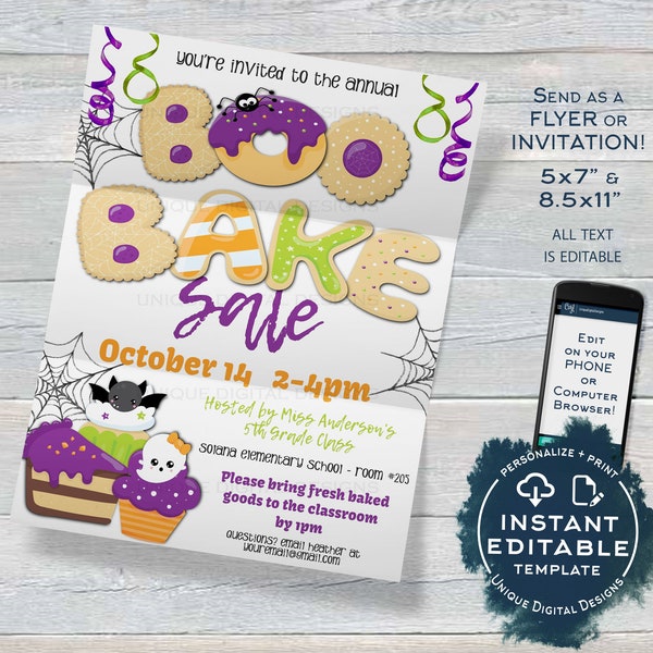 Boo Bake Sale Flyer Template, Editable Halloween Invitation, PTA Printable Holiday Cookie Fundraiser, pto Church School INSTANT ACCESS