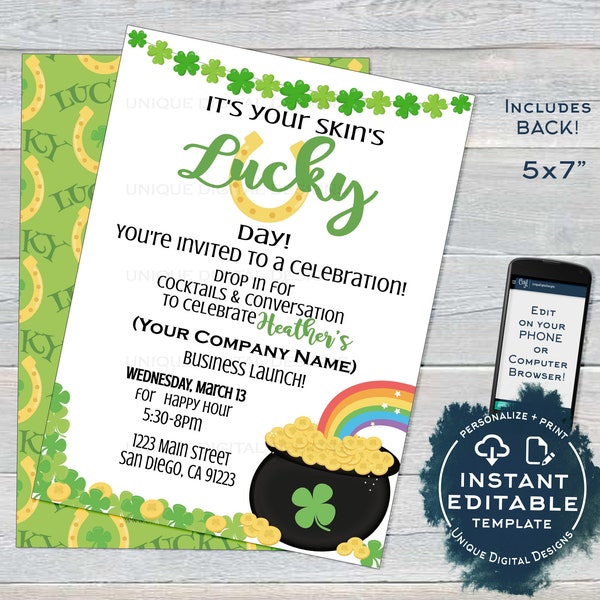 Rodan Skincare Consultant Business Launch Invitation, Editable St Patrick's Day BBL Invite, Lucky Green Cocktails Printable INSTANT ACCESS