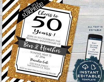 50th Anniversary Invitation, Editable Fiftieth Golden Wedding Anniversary, 50 year Surprise Party Invite, Printable Template INSTANT ACCESS