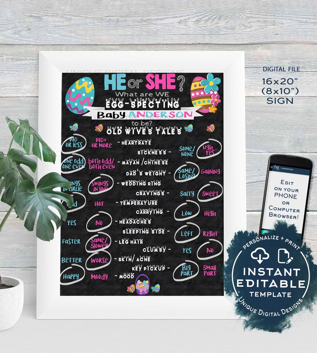 Editable Gender Reveal Old Wives Tales Sign, Easter Eggspecting Baby ...
