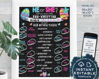 Editable Gender Reveal Old Wives Tales Sign, Easter Eggspecting Baby Chalkboard Easter Bunny Personalized Digital Printable INSTANT ACCESS