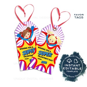 Étiquettes cadeaux super-héros pour la Saint-Valentin, cartes modifiables pour la Saint-Valentin sans bonbons pour filles, classe pour enfants, professeur, faveur imprimable, accès instantané
