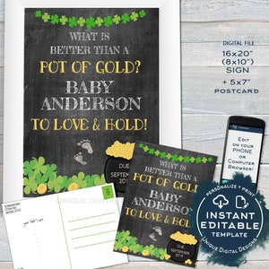 Bearbeitbare St. Patricks Day Babymitteilungspostkarte und Schild, Topf voller Gold-Glücksbringer-Babyeinladung, personalisierter druckbarer SOFORTIGER ZUGRIFF