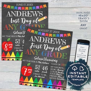 Editable Back to School Photo Prop, 1st Day Back to School Poster, Personalized School Chalkboard Sign Any Grade Digital INSTANT ACCESS UTCR