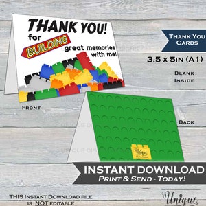 Printable Thank You Card, Building Block Birthday Thank You, Block Party Thanks, Folded Card, Birthday Building Memories INSTANT ACCESS A1