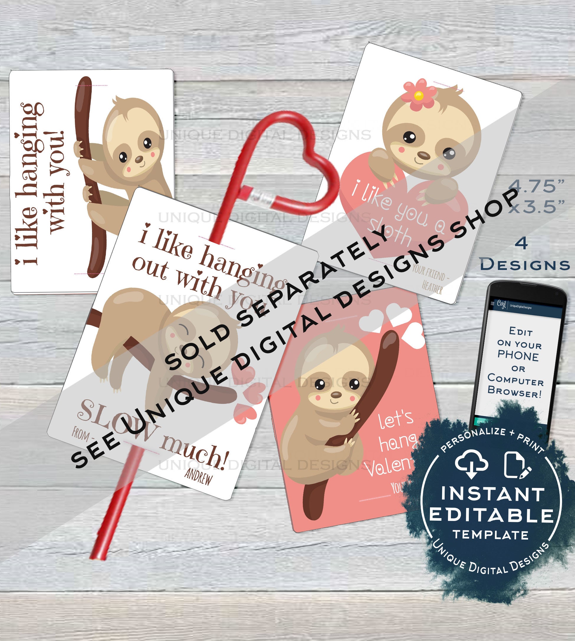 Sloth Valentine Card, Kids Editable Valentines Day Sloth Classroom, I ...