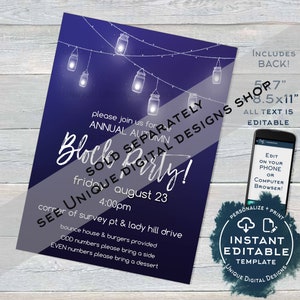 May include: A navy blue invitation for a block party with string lights and mason jar illustrations. The text reads "Annual Autumn Block Party!" with event details. Includes a phone graphic with editing instructions and a "Instant Editable Template" badge.