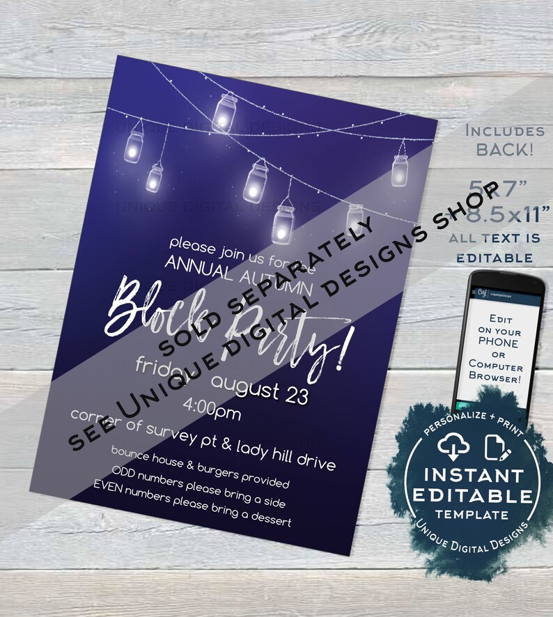 May include: A navy blue invitation for a block party with string lights and mason jar illustrations. The text reads "Annual Autumn Block Party!" with event details. Includes a phone graphic with editing instructions and a "Instant Editable Template" badge.