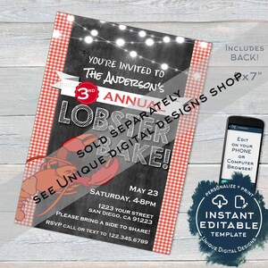 May include: A red and white checkered background with a chalkboard invitation for a lobster bake. The invitation is for the 3rd annual Anderson's Lobster Bake. The text on the invitation says "You're invited to the Anderson's 3rd Annual Lobster Bake!" and "Saturday, May 23, 4-8pm, 1223 Your Street, San Diego, CA 91223. Please bring a side to share! RSVP call or text to 122.345.6789."