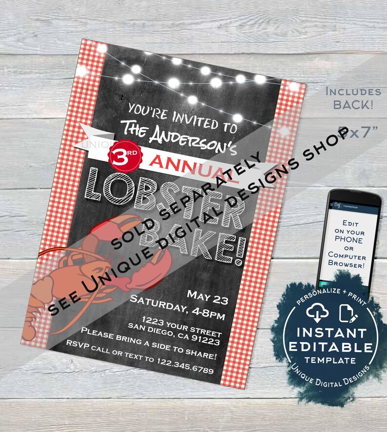 May include: A red and white checkered background with a chalkboard invitation for a lobster bake. The invitation is for the 3rd annual Anderson's Lobster Bake. The text on the invitation says "You're invited to the Anderson's 3rd Annual Lobster Bake!" and "Saturday, May 23, 4-8pm, 1223 Your Street, San Diego, CA 91223. Please bring a side to share! RSVP call or text to 122.345.6789."