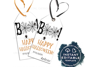 Editable Birthday Halloween Favor Tags, Boo Personalized Halloween Tags Trick or Treat Thank You Printable Gift Tags Spooky INSTANT ACCESS