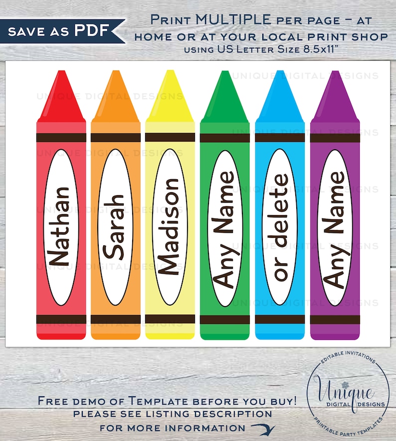 May include: Printable crayon-shaped name tags in red, orange, yellow, green, blue, and purple. The tags have a white oval in the center with the text "Nathan", "Sarah", "Madison", "Any Name", "or delete", and "Any Name" printed in black.