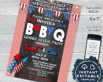 BabyQ Gender Reveal Invitation, Editable 4th of July Firecracker Baby Shower, red white and due bbq Party, Custom Printable INSTANT ACCESS