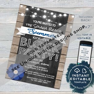 May include: A digital invitation for a Solana Beach Block Party, featuring a chalkboard design with string lights and a blue flower graphic. The invitation includes editable text and a template for personalization.