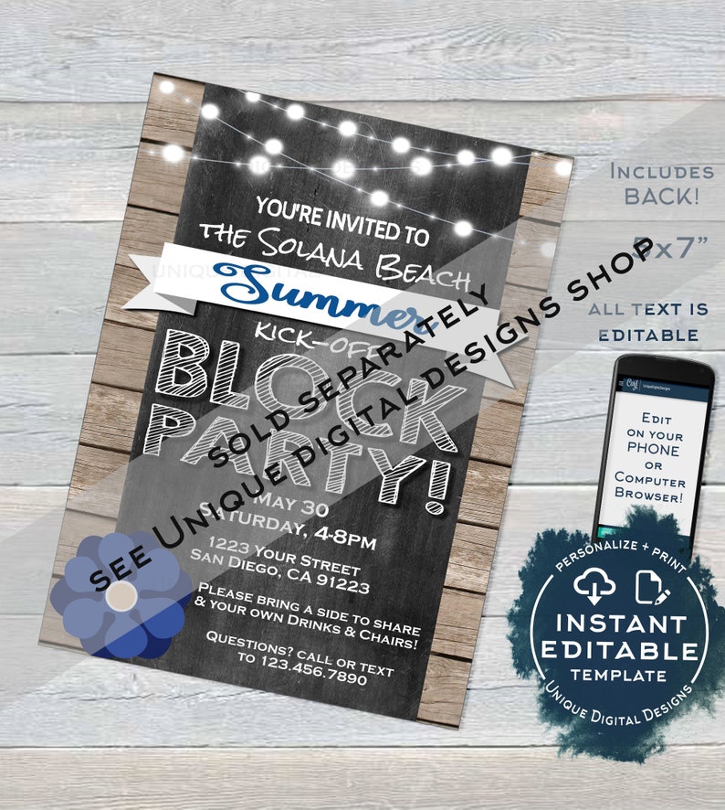 May include: A digital invitation for a Solana Beach Block Party, featuring a chalkboard design with string lights and a blue flower graphic. The invitation includes editable text and a template for personalization.