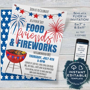 Invitation du 4 juillet, modifiable célébration du 4 juillet barbecue feux d'artifice fête de quartier quartier personnalisé imprimable accès instantané
