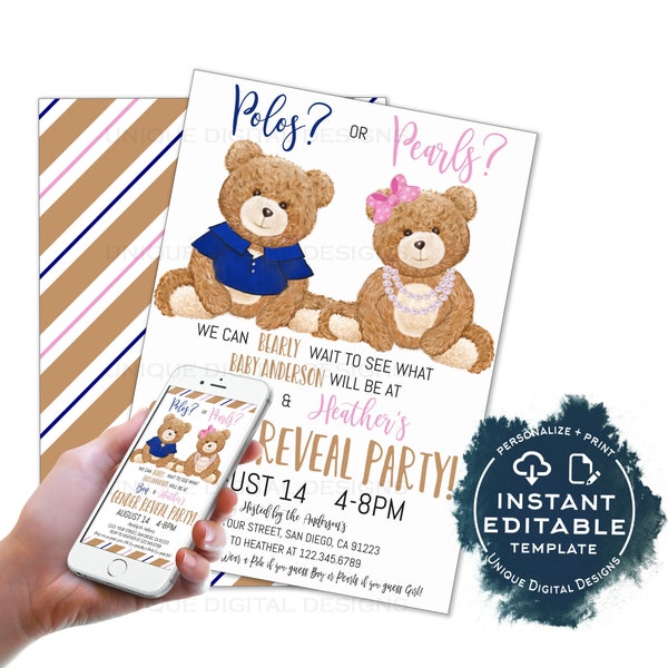 Faire-part de révélation de sexe d'ours en peluche modifiable, invitation de polos ou de perles, lui ou elle, fête de baby shower rose ou bleu, imprimable accès instantané