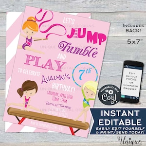 Gymnastics Invitation, Jump Tumble and Play Girls Birthday Invite, Let&#39;s Tumble, ANY Age Custom Printable Template INSTANT EDITABLE 5x7