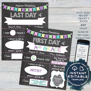 Editable Back to School Photo Prop, Girls 1st Day Back to School Poster Personalized School Chalkboard Sign Any Grade Digital INSTANT ACCESS