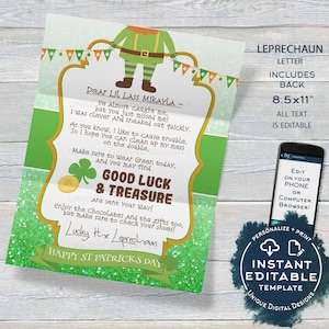 Carta de duende editável, nota do dia de São Patrício, mensagem de armadilha de duende irlandês da sorte, acesso instantâneo personalizado para impressão