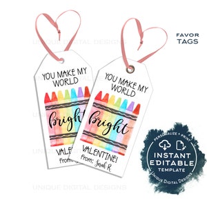 Editable Valentine&#39;s Crayon Gift Tags, Make the World Bright Non Candy Valentine Card Kid Class School Teacher Staff Printable Favor INSTANT