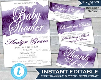 Watercolor Purple Invitation KIT Diaper Raffle Books for Baby Insert Thank You Water Color Purple Baby Shower Invite Print INSTANT EDITABLE