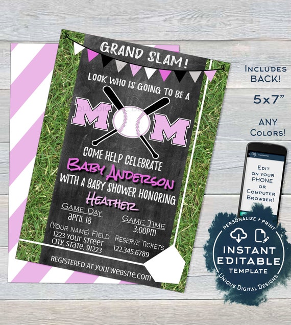 Baseball Mom Baby Shower Invitation Editable Girls Sprinkle Invite Pink Home Base Template Custom Printable Instant Access