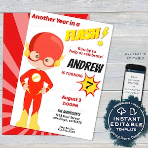 Another Year in a Flash Superhero Invitation, Editable Superhero Party Boy Birthday Invite ANY Age Digital Printable Template INSTANT ACCESS