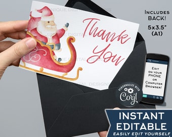 Christmas Thank You Cards, Editable Holiday Thank you, Christmas Printable, Folded Card Blank Inside Template INSTANT ACCESS A1