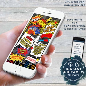 Comic Book Superhero Birthday Invitation, Editable Boys Superhero Party Invite, ANY Age Digital Printable or Electronic Phone INSTANT ACCESS