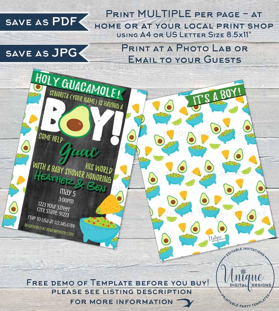 holy guacamole baby shower invitation, editable avocado baby boy invite,  cinco de mayo fiesta chalkboard custom printable instant access