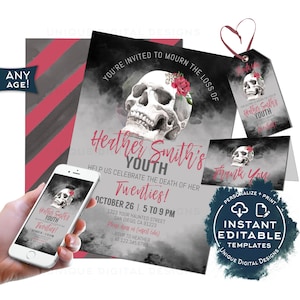 Invitación editable de muerte a sus veinte años, invitación de Halloween del 30 cumpleaños, RIP 20's Llora tu juventud, Fiesta de disfraces de calavera, INSTANTE imprimible