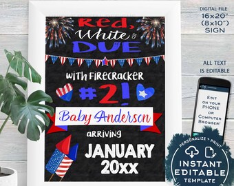 Baby #2 4th of July Pregnancy Announcement Sign Firecracker Theme July 4 Baby Arriving Printable Chalkboard Template INSTANT EDITABLE 16x20